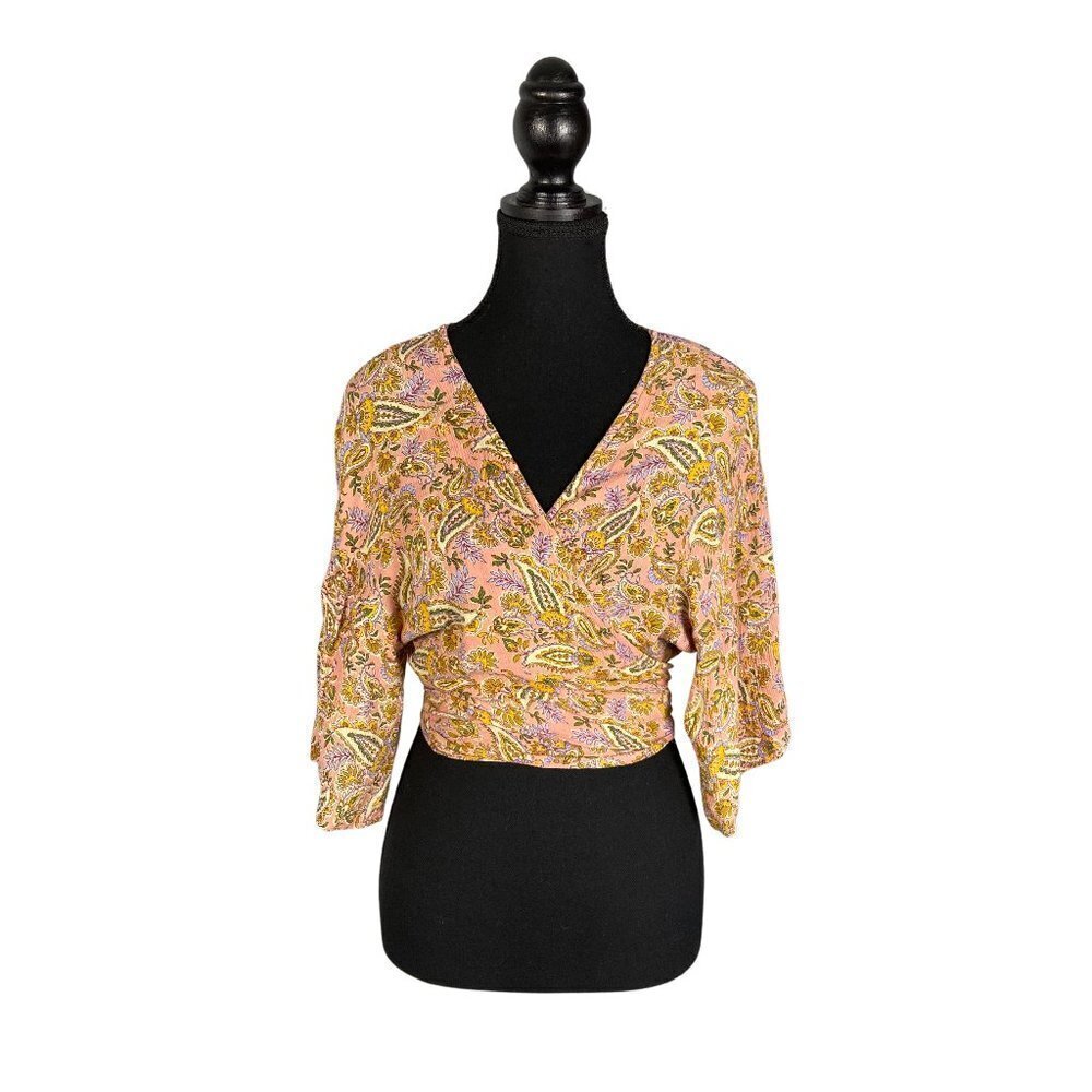 Patrons of Peace Pink Boho Cropped Wrap Blouse - Floral Rayon